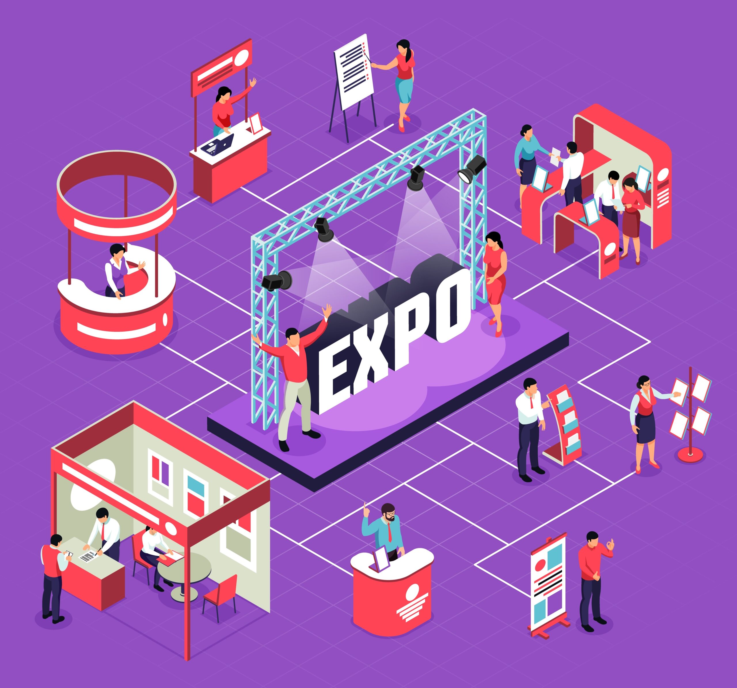 A digitally rendered image of an expo with people standing around and looking at displays or talking to other people