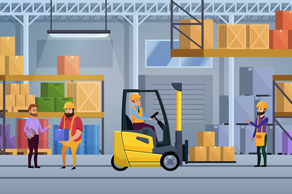Warehouse workers move products around and interact with each other.